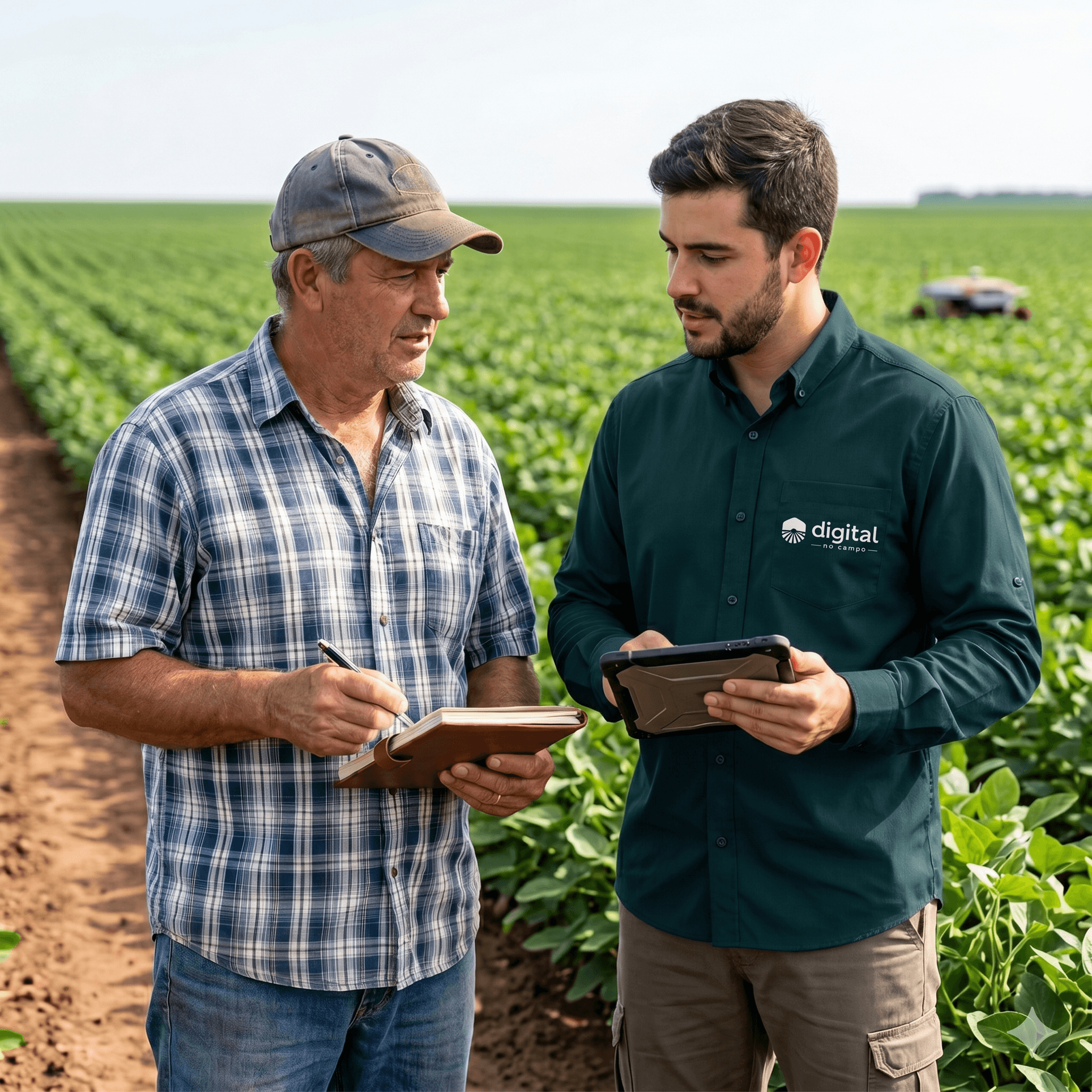 Especialista da Digital no Campo mostrando o sistema a um produtor rural em lavoura de soja