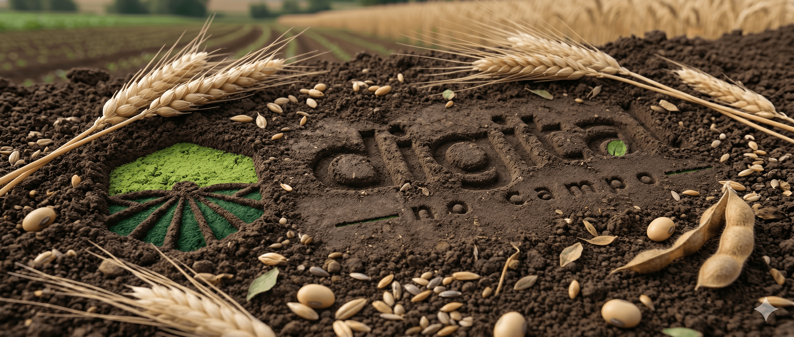 Logo Digital no Campo esculpida na terra, cercada de sementes e espigas